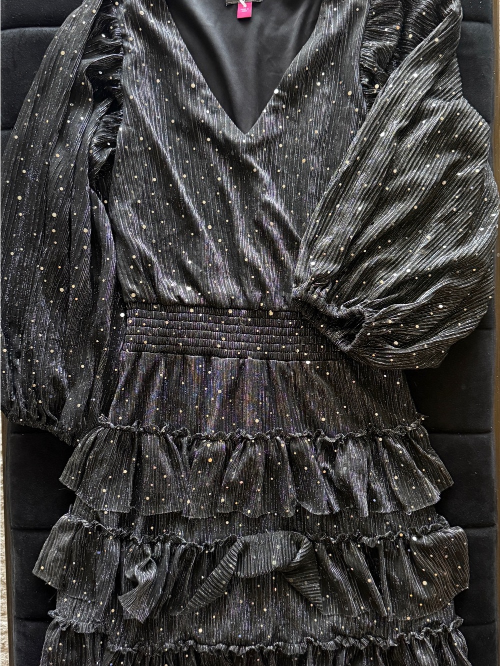 Vince Camuto Black Metallic Polka Dot Ruffle Tiered Dress M